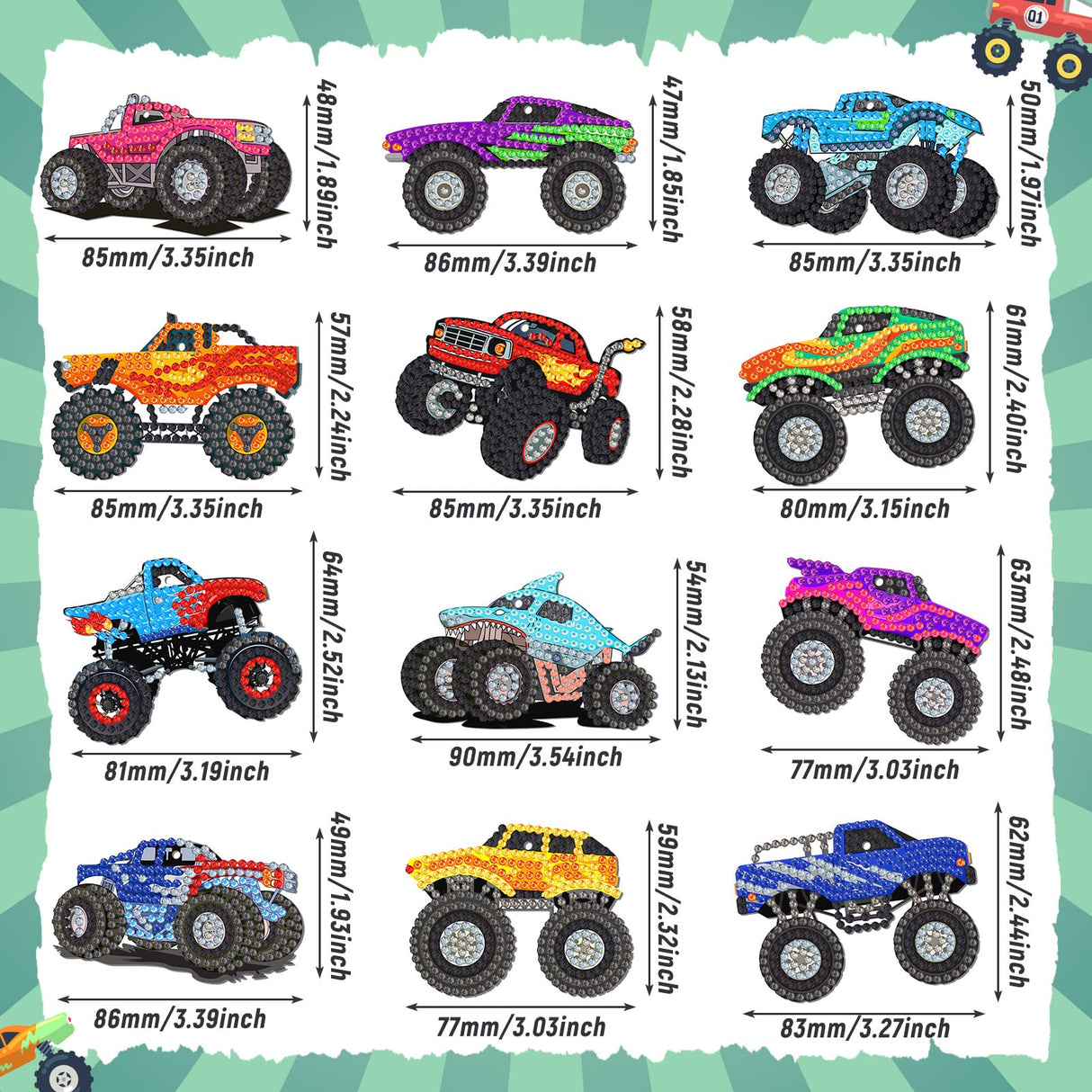 Thinkday 12 Pcs Trucks Diamond Painting Keychains DIY 5d Acrylic Truck Diamond Art Key Chains Vehicle Rhinestone Art Hanging Pendants for Adult Beginners Bags Thinkday