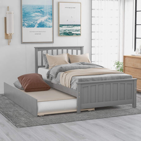 Harper & Bright Designs Twin Size Platform Bed with Trundle, Wooden Twin Bed Frame, Kids Platform Bed (Grey) Harper & Bright Designs