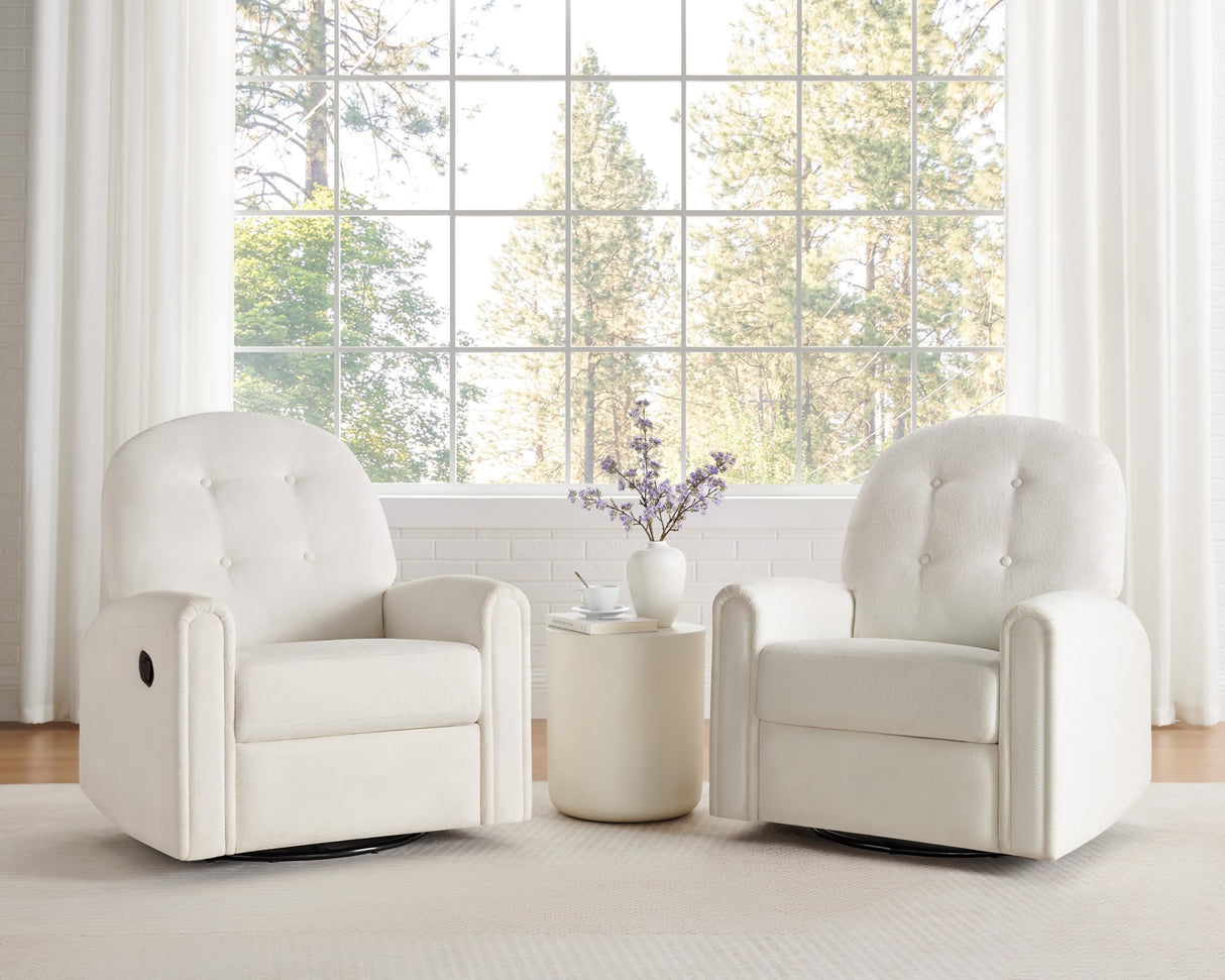 VANOMi 360 Swivel Rocker Recliner Chair, Nursery Rocking Chair with Tufted Backrest, Manual Recliner Chairs for Small Spaces, Upholstered Glider Nursing Chair for Living Room, Bedroom (White) VANOMi