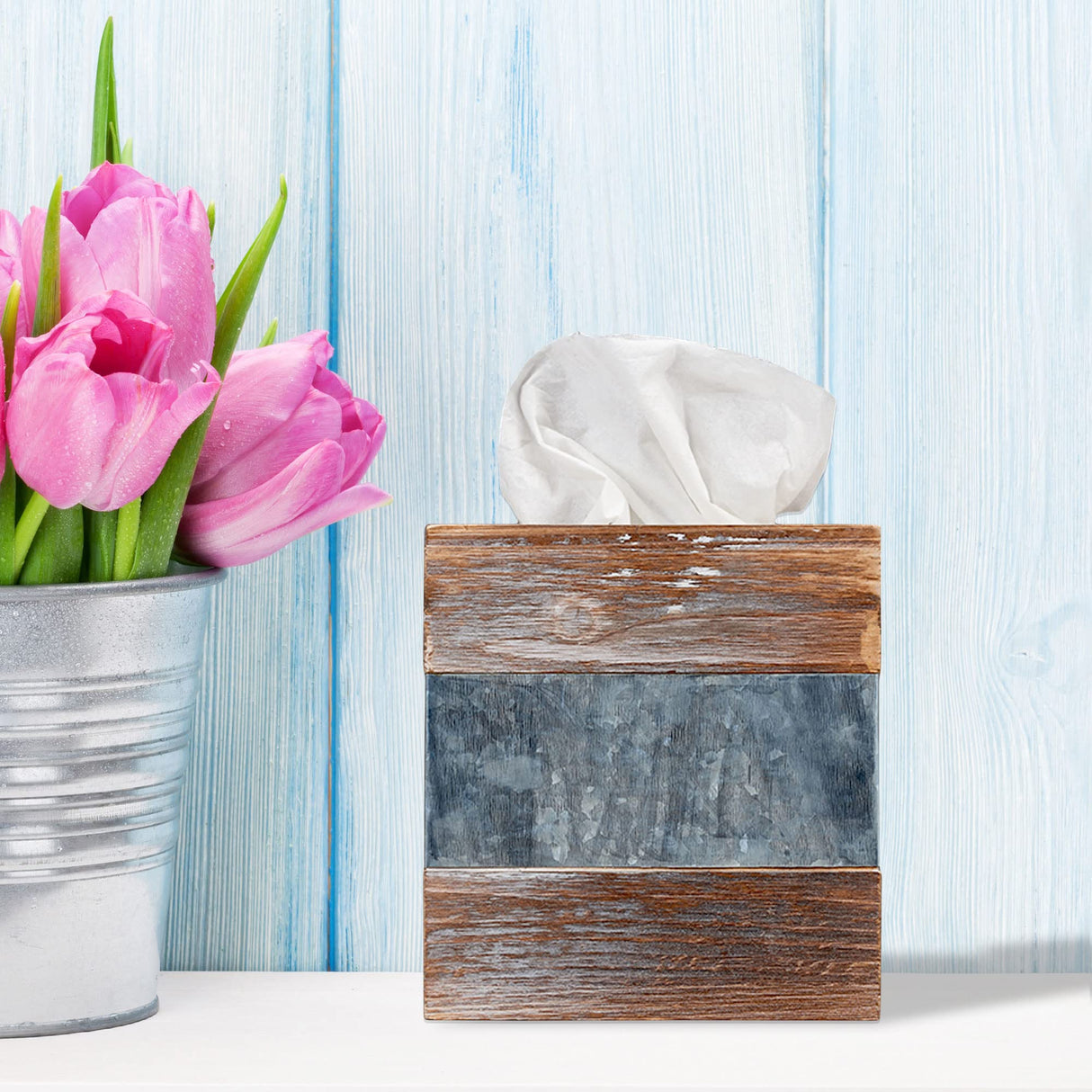 Barnyard Designs Rustic Metal and Distressed Wood Square Tissue Box Cover - Decorative Bathroom Facial Tissue Box Holder Farmhouse Country Decor 6” x 6” Barnyard Designs