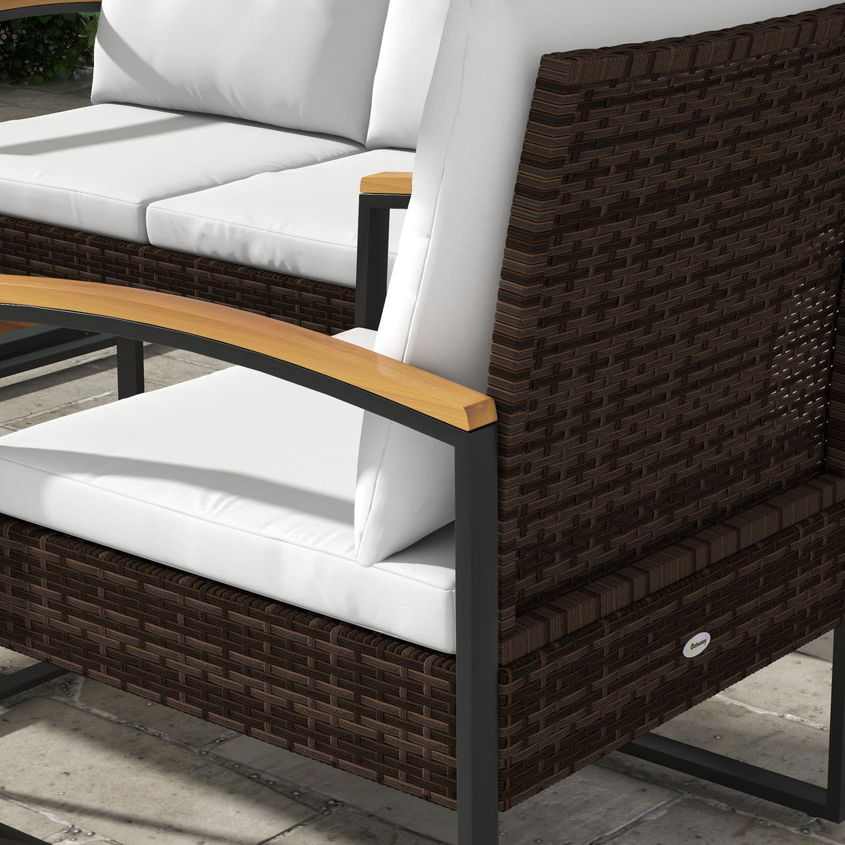 Outsunny 4 Piece Patio Furniture Set with 2 Chairs, Loveseat Sofa, Wood Table, Rattan Motifs, Tufted Cushions, Outdoor Conversation Set for Backyard, Lawn and Pool, White Outsunny