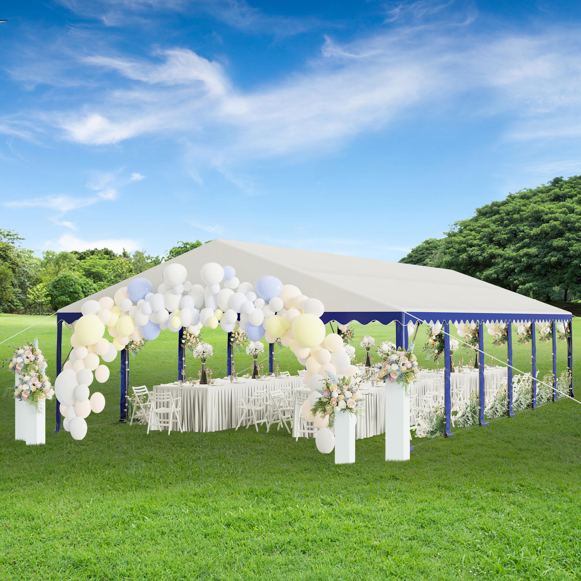 PHI VILLA 40 ft. x 20 ft. Large Outdoor Canopy Wedding Party Tent with Removable Side Walls 7 Storage Bags White with Blue Stripes