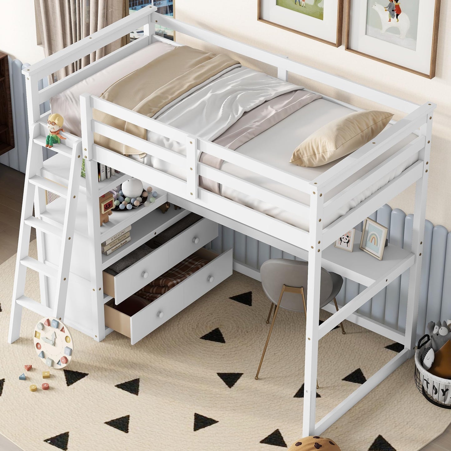 MERITLINE Twin Loft Bed with Desk, Storage Drawers and Shelves in White - WoodArtSupply