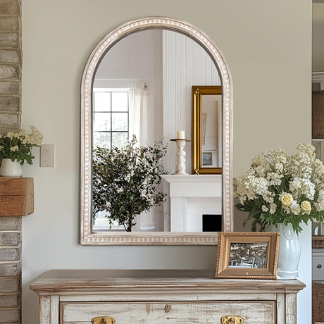 Arched Vanity Mirror for Wall, 36"x24" Boho Rustic Farmhouse Mirror with Beaded Wooden Frame, Decorative Wooden Mirror for Bathroom, Living Room, Entryway, or Bedroom AMOISE