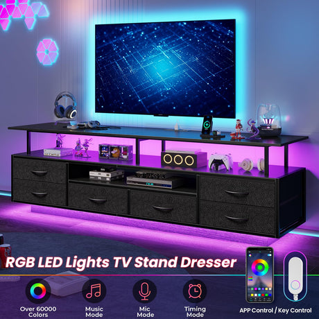BTHFST TV Stand for 65 70 Inches TV with LED Lights & Power Outlets, Entertainment Center with Open Shelves & 6 PU Fabric Drawers, TV Media Console Table for Living Room, Bedroom, Black BTHFST