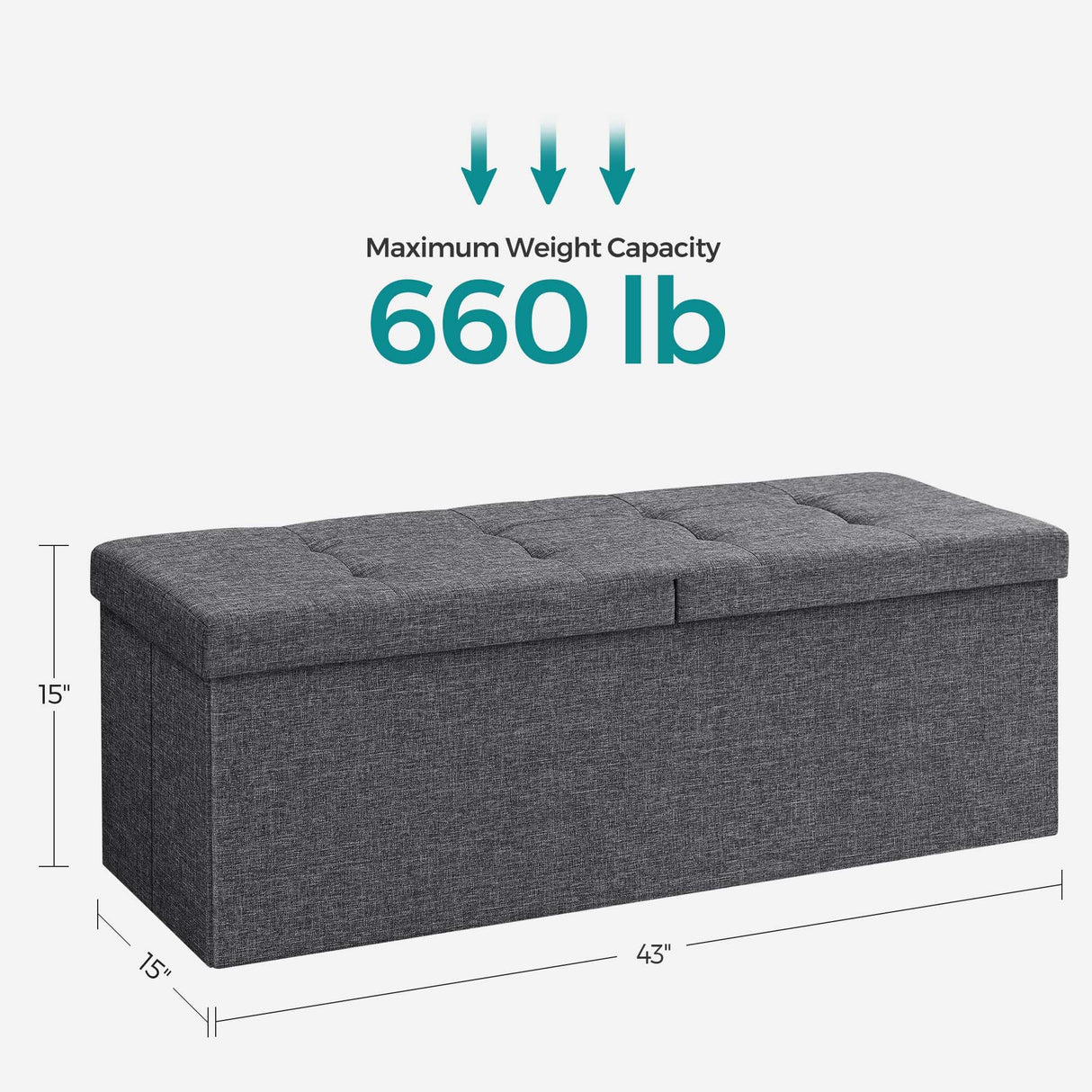 SONGMICS MAZIE Collection - 43 Inches Storage Ottoman, Foldable Storage Bench with Flipping Lid, 660 lb Load Capacity, for Entryway, Living Room, Bedroom, Dark Gray ULSF76GYZ SONGMICS