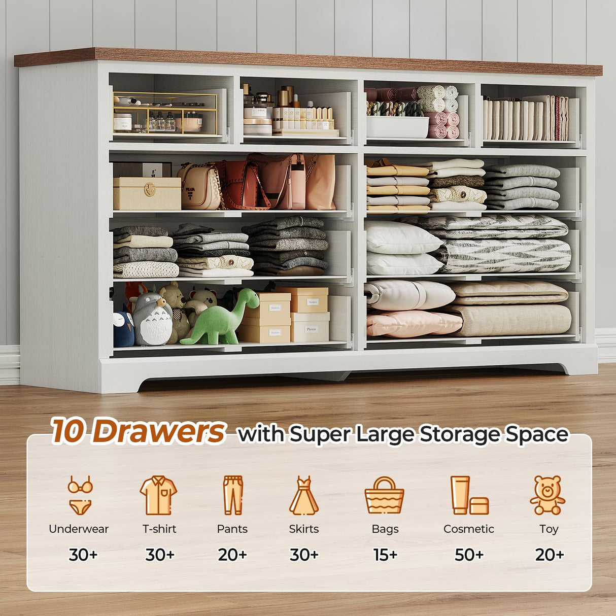 DICTAC 10 Drawers Dresser for Bedroom,55" Wide Farmhouse Dresser with Natural Texture and Vintage Metal Handles, Rustic Wood Chest of Drawers for Bedroom, Living Room, Hallway,White DICTAC