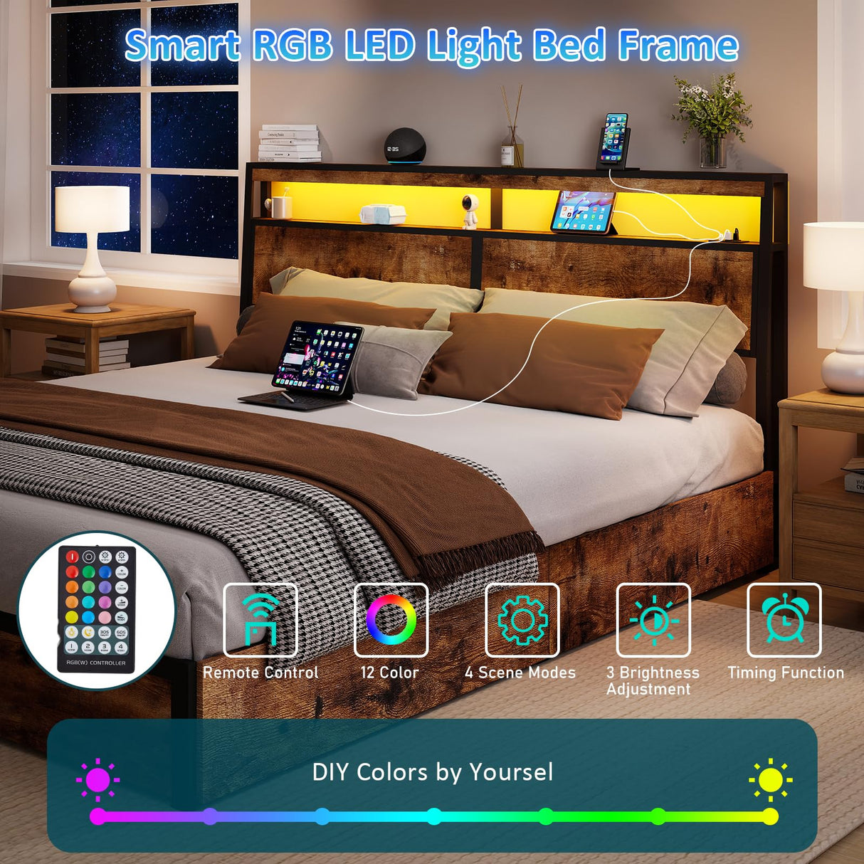 SADENICEL King Bed Frame with Storage Headboard and 4 Drawers, Metal Platform Bed Frame with LED Light, Charging Station, No Box Spring Needed, Noise Free, Easy Assembly, Vintage Brown SADENICEL