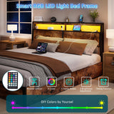 SADENICEL King Bed Frame with Storage Headboard and 4 Drawers, Metal Platform Bed Frame with LED Light, Charging Station, No Box Spring Needed, Noise Free, Easy Assembly, Vintage Brown SADENICEL