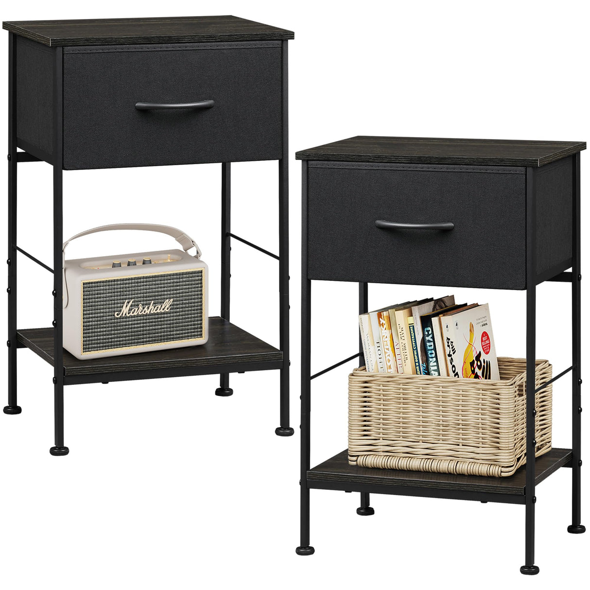 WLIVE Night Stand Set 2, Black Nightstand with Fabric Storage Drawer and Open Wood Shelf, Nightstand Set of 2 with Steel Frame, Side Table for Bedroom, Dorm, Charcoal Black, 25.03" Height WLIVE
