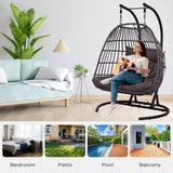 OTSUN Double Egg Swing Chair, Outdoor Wicker Hammock Chair with Cushions and Headrest Pillow, 2 Person Patio Hanging Chair for Indoor Patio Porch Garden, Black OTSUN
