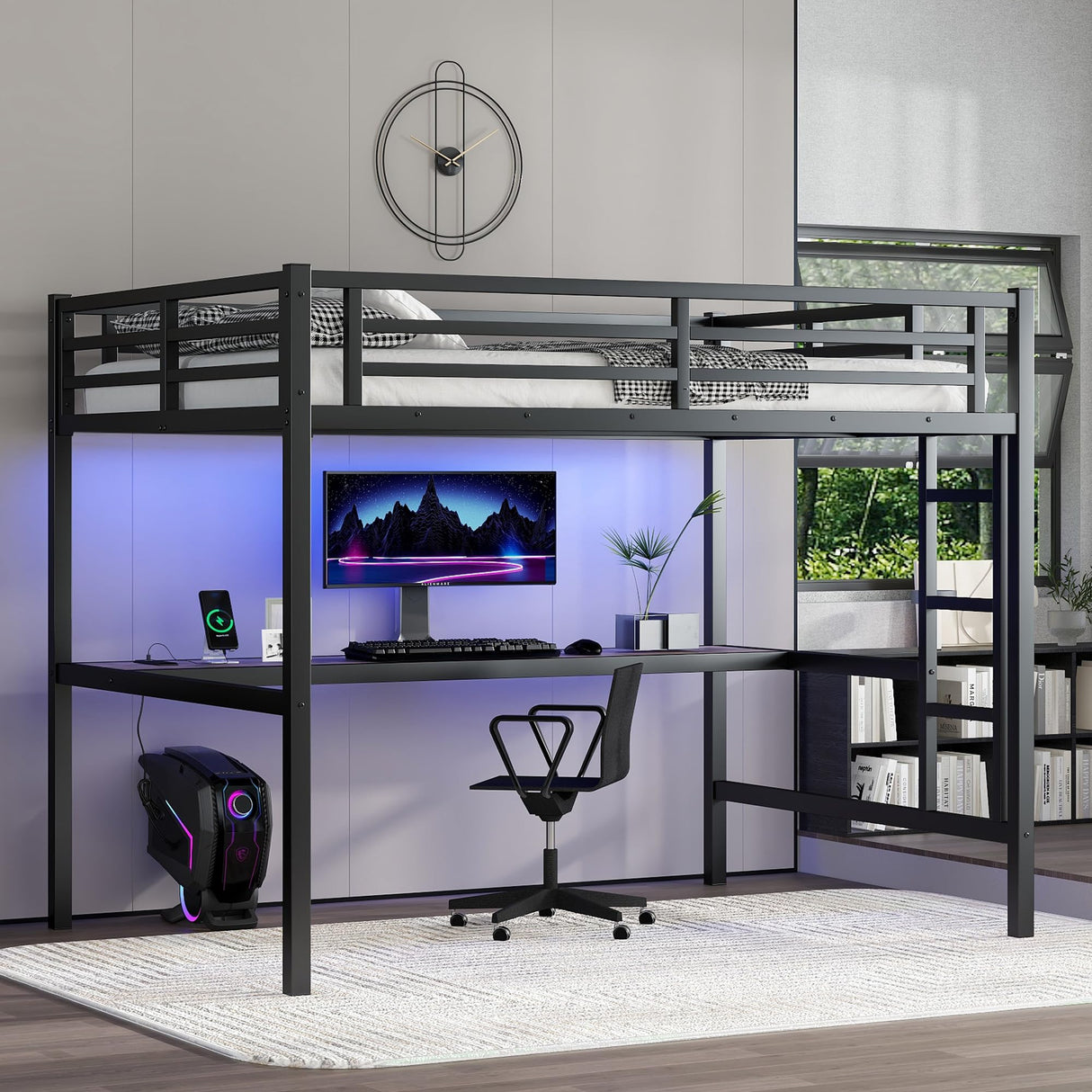 Full Size Metal Loft Bed with Desk and LED Lights,Heavy Duty Loft Bed Frame with Charging Station and USB for Kids,Teens,Adults,Full Size,Black Bellemave