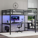 Full Size Metal Loft Bed with Desk and LED Lights,Heavy Duty Loft Bed Frame with Charging Station and USB for Kids,Teens,Adults,Full Size,Black Bellemave