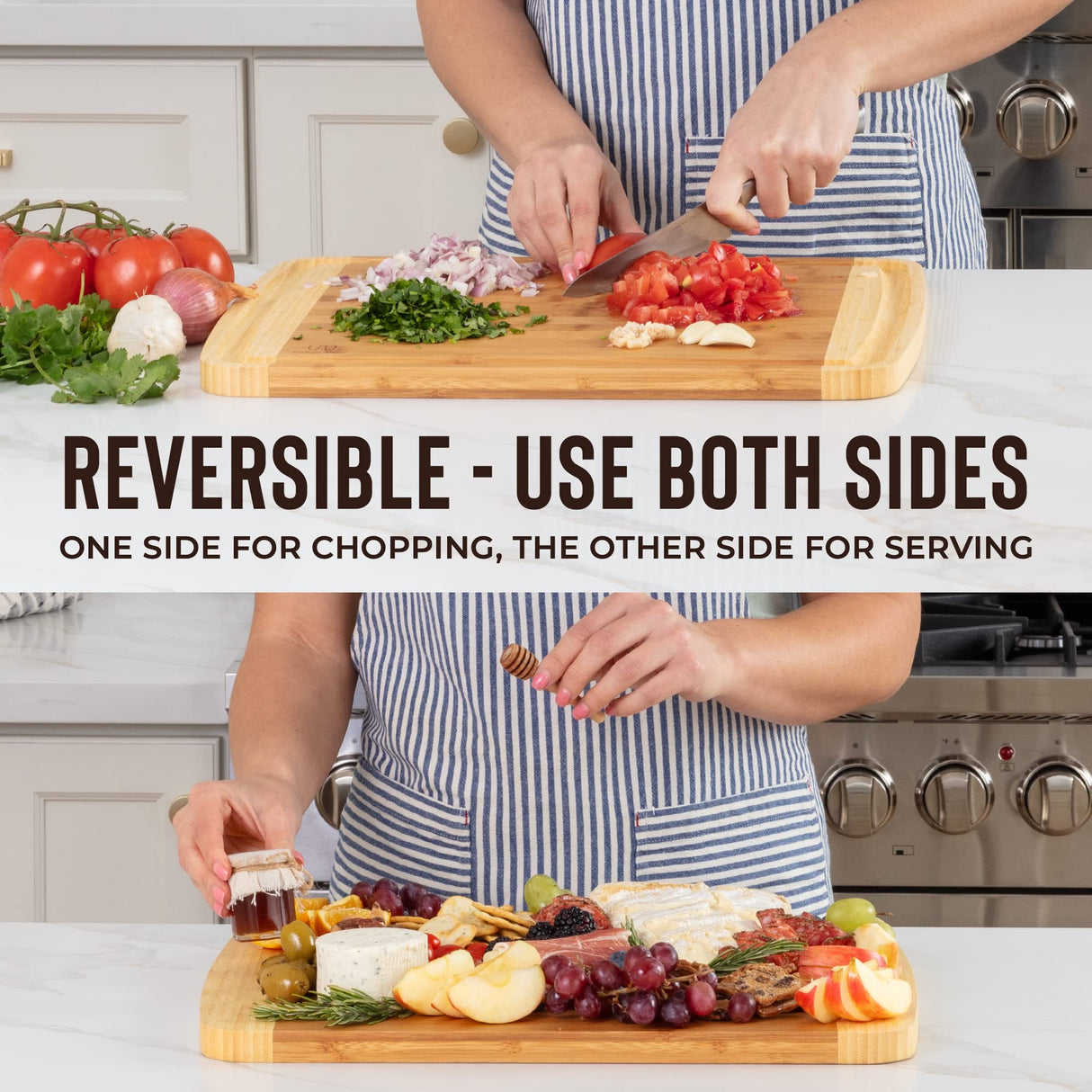 Bamboo Cutting Board - Wood Chopping Board with Juice Groove, Charcuterie Board, Serving Platter Cheese Board, Bread Board, Turkey Meat Cutting Board Indigo True