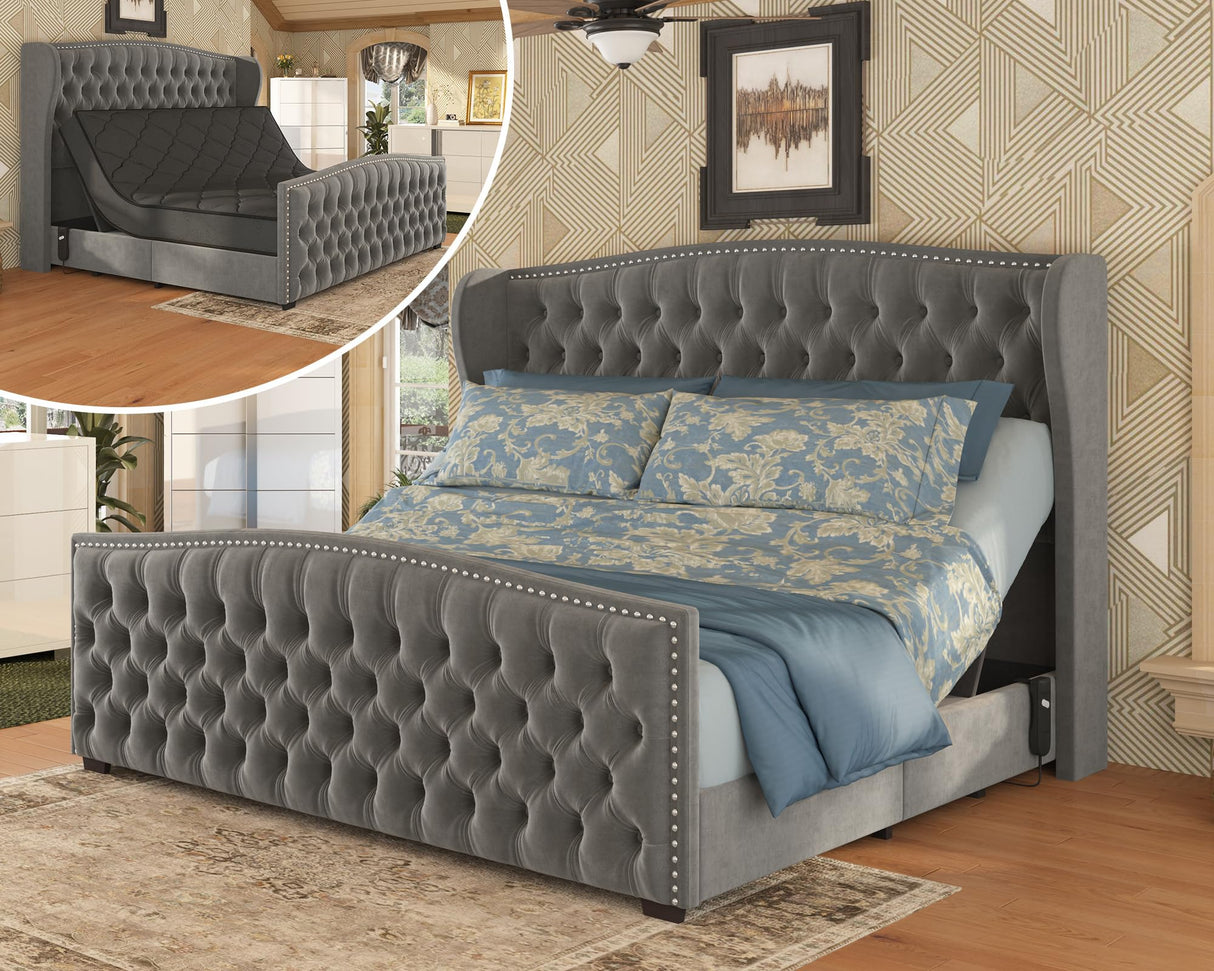 AMERLIFE King Size Adjustable Bed Frame with 51" H Velvet Upholstered and Deep Button Tufted Headboard, Electric Bed with Dual Motor/Nailhead Trim Wingback, No Box Spring Needed, Grey AMERLIFE