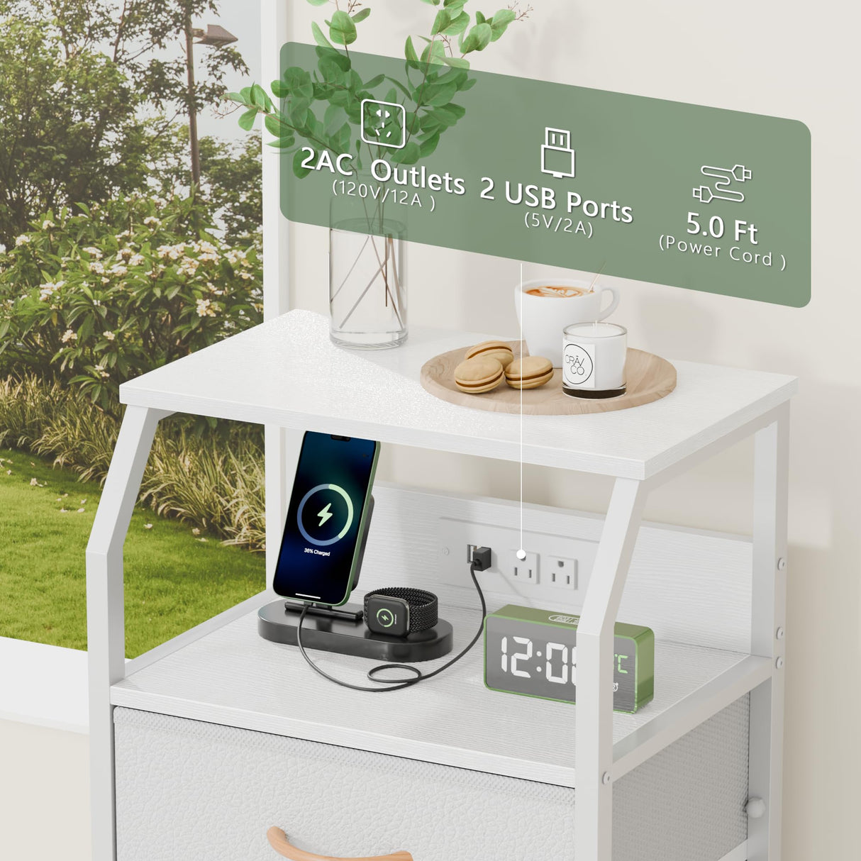 Furnulem Night Stand with Charging Station, 28.3 Inch Tall Bedside Table with PVC Drawers, End Table with USB Ports and Outlets, 3 Fabric Drawer Storage Nightstand for Bedroom, 3 Ways to Use, White Furnulem