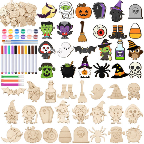 Mootycapa 24 Pcs Halloween DIY Wooden Magnets to Paint, Cute Glow in The Dark Wood Painting Crafts, Fridge Magnets Craft Kits for Boys Girls Gifts School Home Party(Pumpkin Skull) Mootycapa