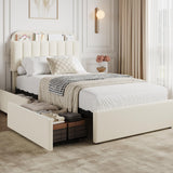 GarveeHome Twin Bed Frame with Storage Headboard, Kids Bed Frame with 2 Drawers, Boucle Upholstered Platform Bed with Bookcase, No Box Spring Needed, Easy Assembly, Ivory White GarveeHome
