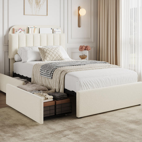 GarveeHome Twin Bed Frame with Storage Headboard, Kids Bed Frame with 2 Drawers, Boucle Upholstered Platform Bed with Bookcase, No Box Spring Needed, Easy Assembly, Ivory White GarveeHome