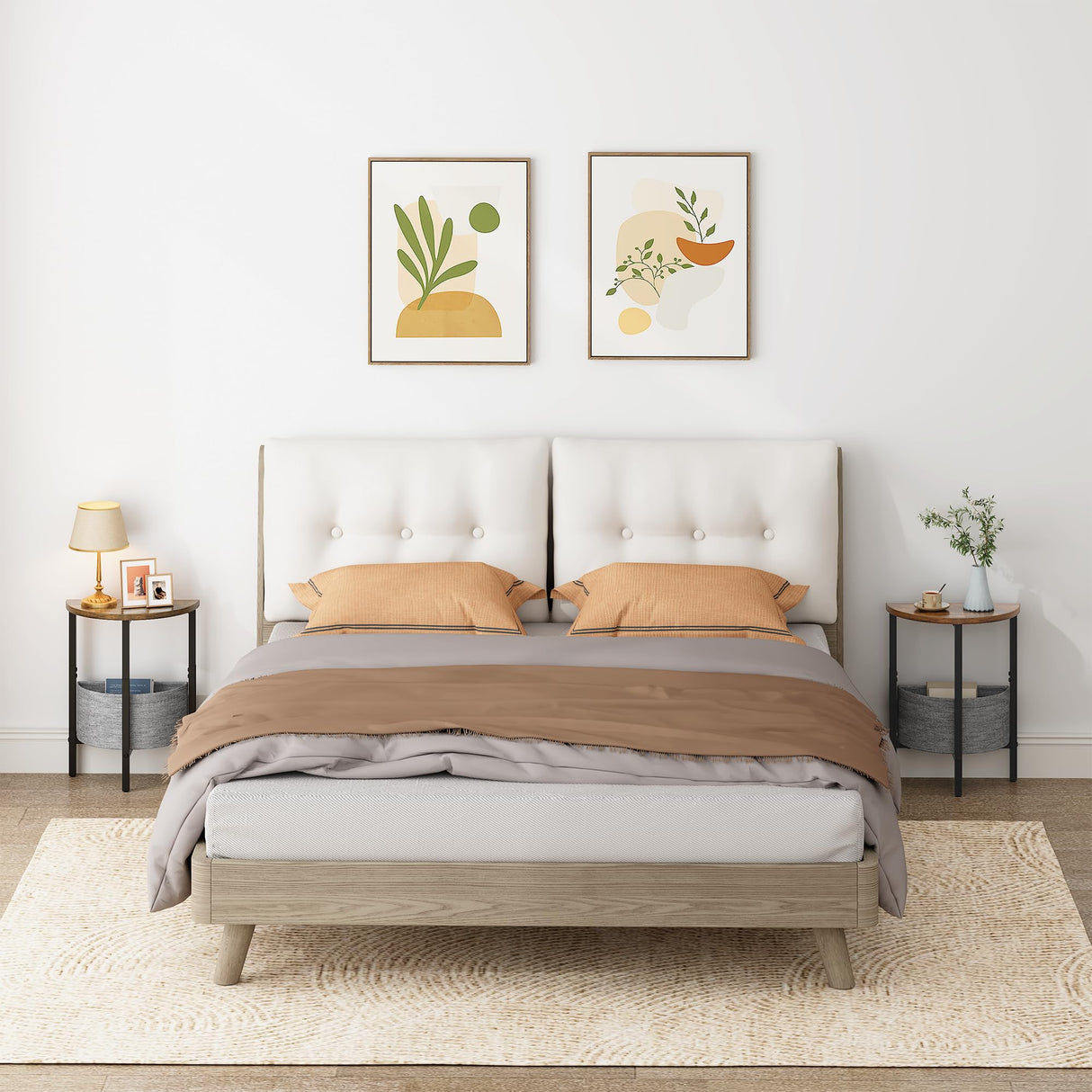 Vagusicc Small Round Side Table, Accent End Table with Storage Basket, Set of 2 Half Round Coffee Table End Table, Half Moon Bedside Table, Modern Nightstand Couch Table for Living Room Bedroom, Brown Vagusicc