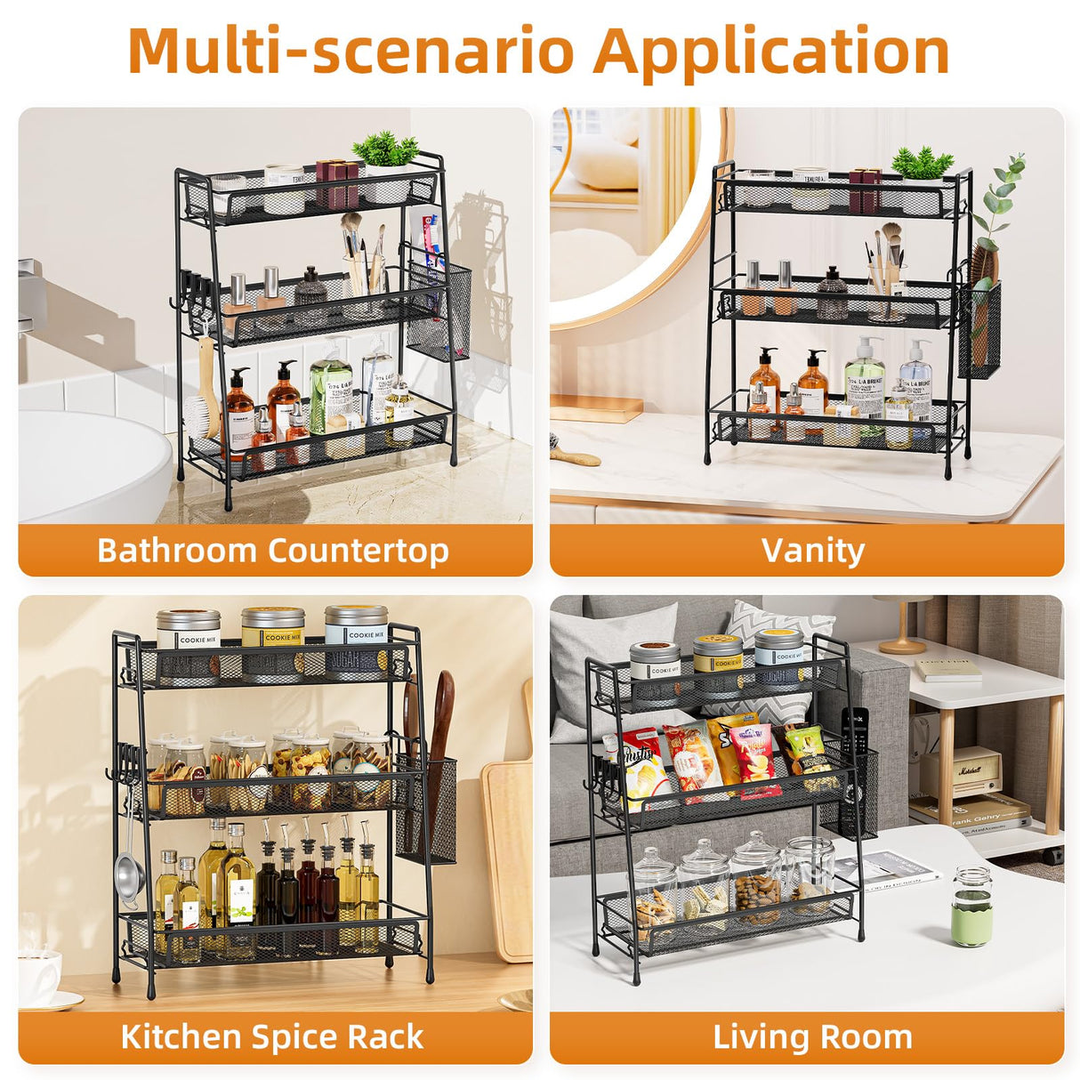 VITVITI 3-Tier Bathroom Organizer Countertop, Metal Wire Mesh Bathroom Counter Organizer Storage with Basket Hooks, Vanity Tray Shelf, Kitchen Spice Rack (Black) VITVITI