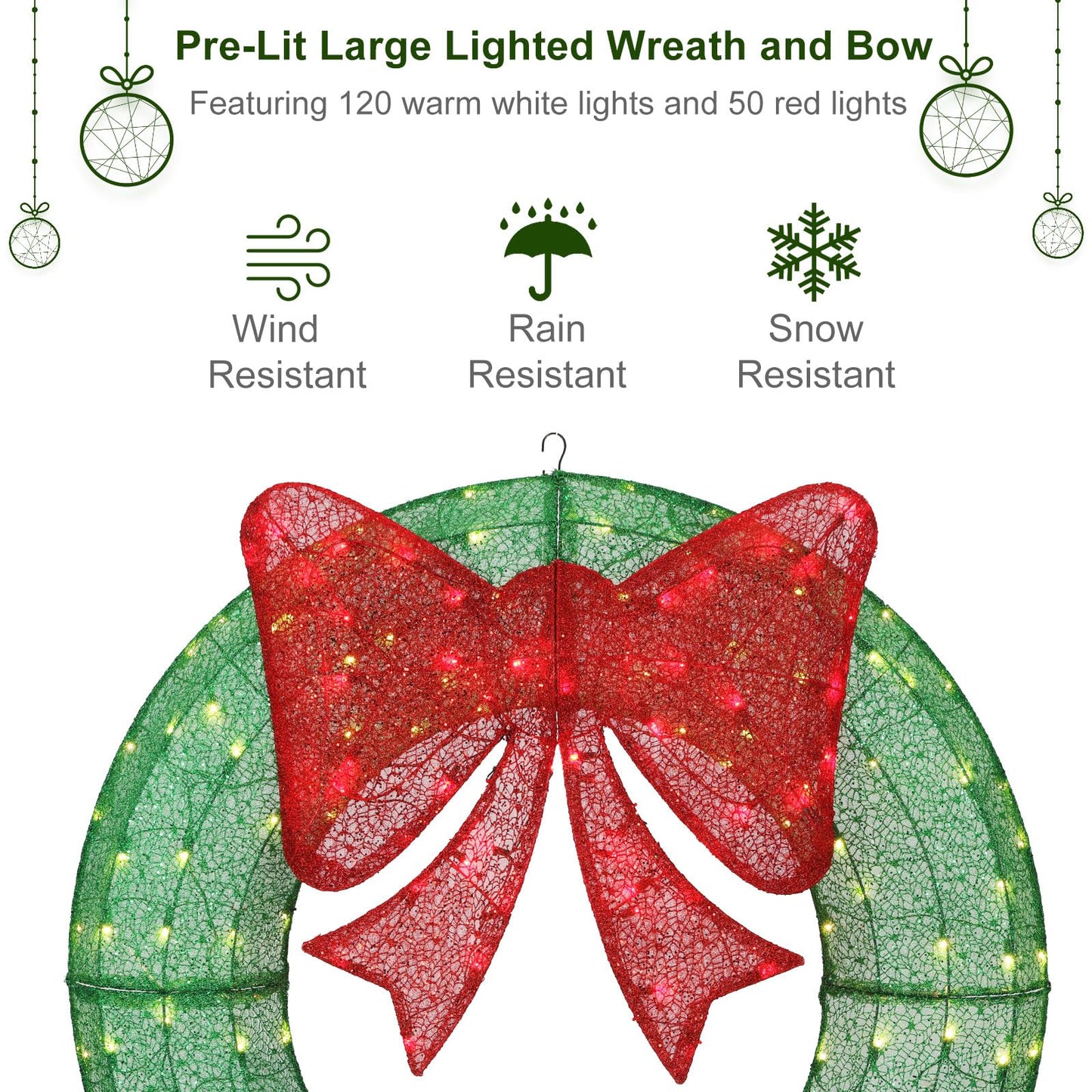 Lighted Christmas Wreaths, 48’’ Handmade Classic Christmas Wreaths with 50 Red and 120 Warm White LED Lights for The Outdoor Christmas Decoration-Green