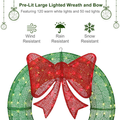 Lighted Christmas Wreaths, 48’’ Handmade Classic Christmas Wreaths with 50 Red and 120 Warm White LED Lights for The Outdoor Christmas Decoration-Green