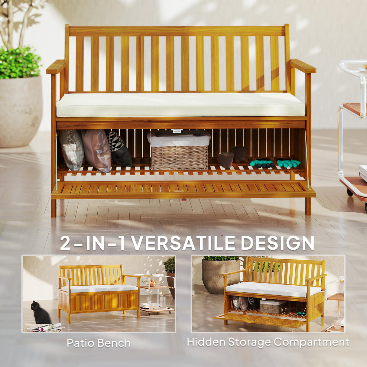 Outsunny Outdoor Bench with Storage Box, 28 Gallon Outdoor Storage Bench, Acacia Wood Garden Seat with Cushion, 2 Seater Patio Furniture for Park, Balcony, Teak Outsunny