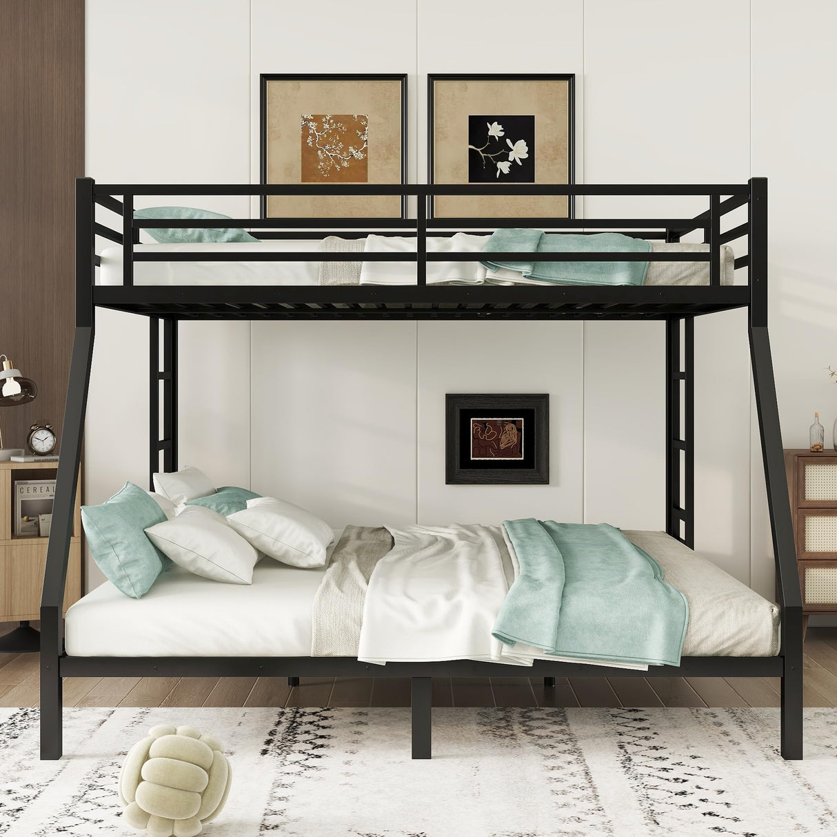 HZXINKEDZSW Metal Queen Over King Bunk Bed with 2 Side Ladder and Guardrails, Heavy Duty Metal Bunk Bed Frame with Underbed Storage Space for Teens Adults, No Box Spring Needed (Black, Queen/King) HZXINKEDZSW