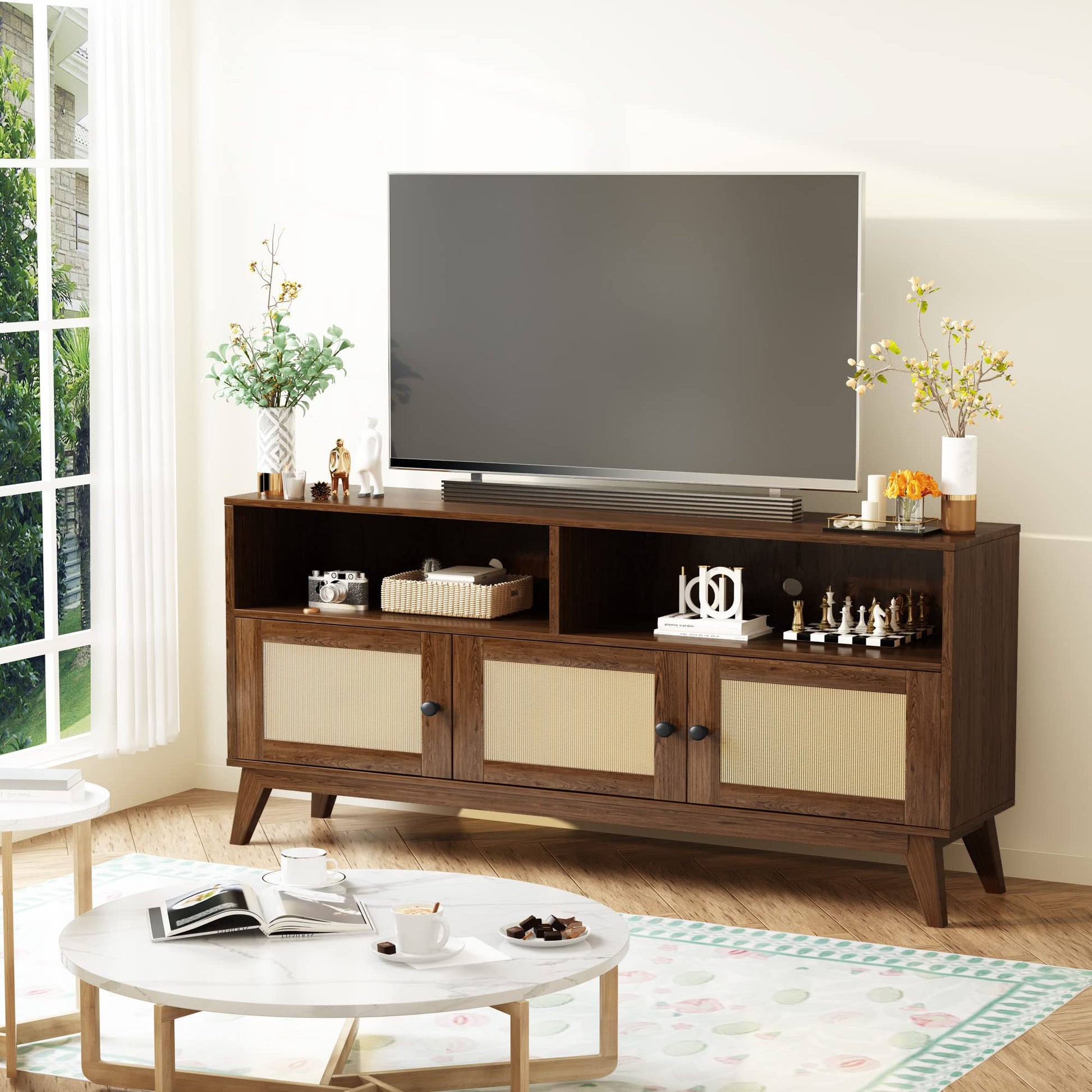 AWQM TV Stand for Living Room, Mid Century Modern TV Console, Rattan Entertainment Center with Storage and Open Shelves, Walnut - WoodArtSupply