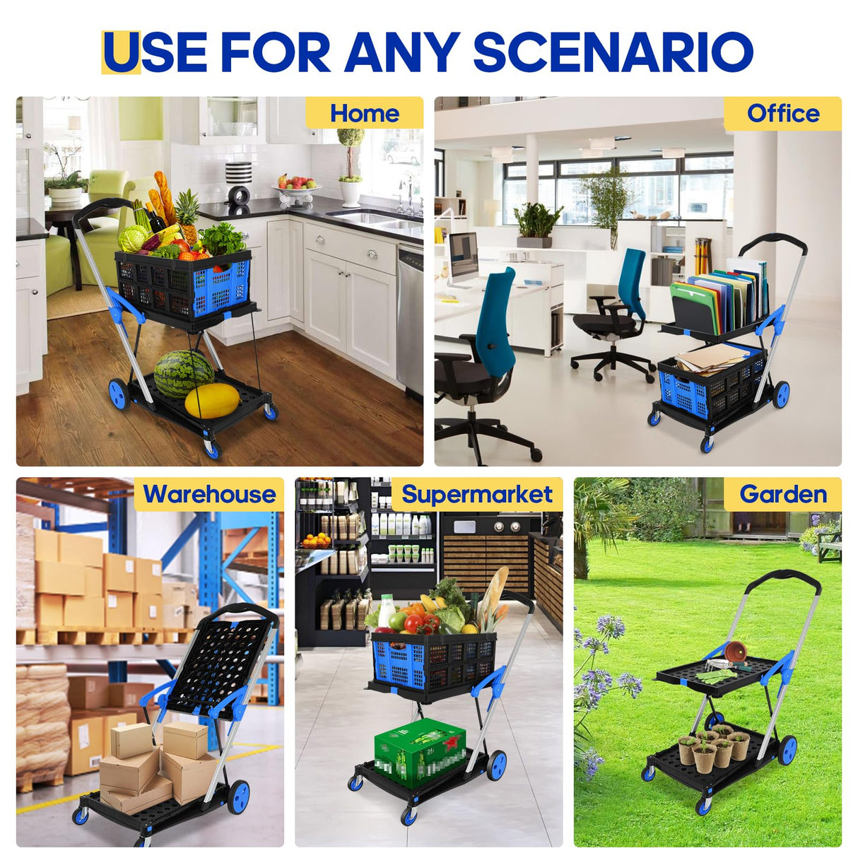 Multifunctional Folding Cart with Wheels,Two Layers Collapsible Utility Cart for Groceries,Office,Warehouse,Supermarket, Double Layer Foldable Shopping Cart(Blue),Collapsible Handcart Heavy Duty FAHKNS