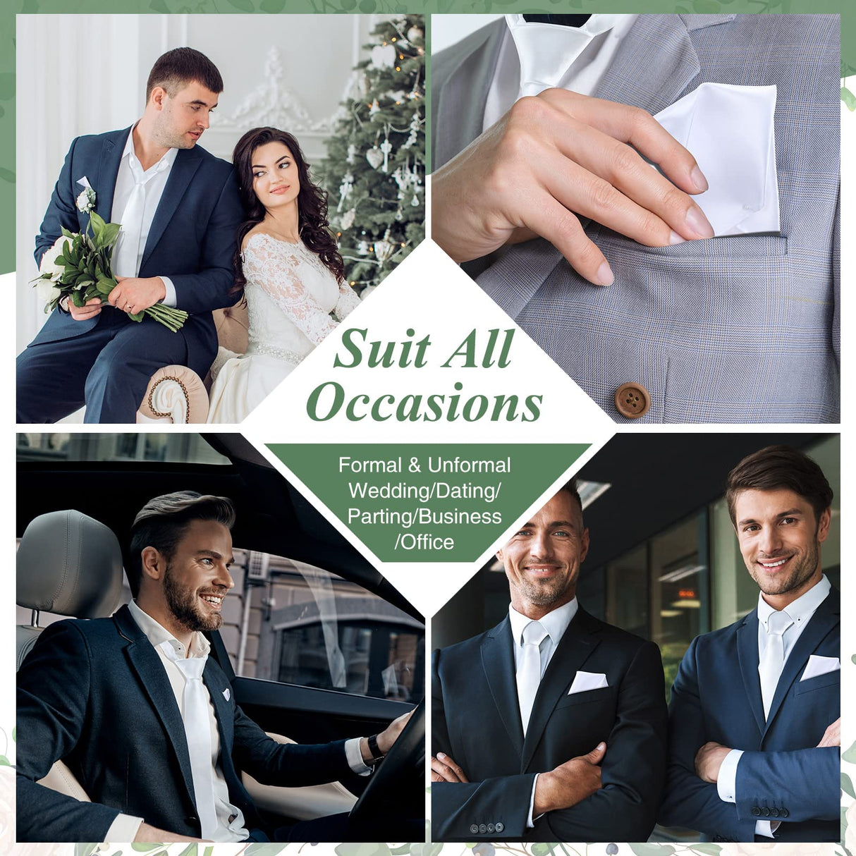 12 Pcs Sublimation White Ties Set for Men with Pocket Square Solid White Blank Necktie Men's Plain Satin Tie Pure Color Polyester Tie Heat Transfer Neckwear for Wedding Party Formal Occasion 57 Inch Sintuff