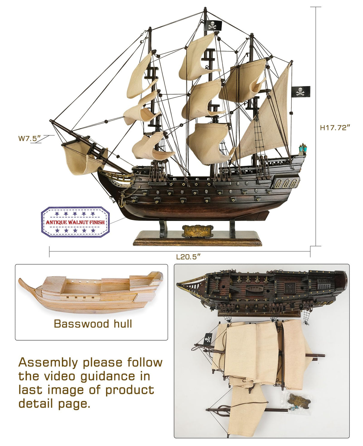SAILINGSTORY Wooden Pirate Ship Model Black Pearl Sailing Ship Sailboat Decor 20.5" Beige Sails HOME DECOR SAILINGSTORY