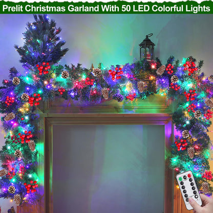 [ Remote Control & Timer 8 Modes ] TURNMEON 9Ft Christmas Garland with 50 Colorful Lights Thicker 300 Branches Tips 18 Pinecones 198 Red Berries Prelit Lighted Garland Christmas Decorations Mantel