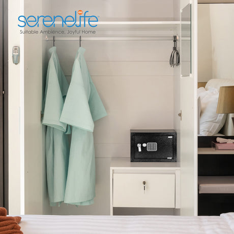 SereneLife Electronic Safe Box | Heavy-Duty 13.8’’ x 9.8’’ Small Lockbox | Digital Keypad Code & 2 Key Override | Compact Money Safe for Cash, Jewelry, Valuables | Wall & Floor Mountable Storage SereneLife