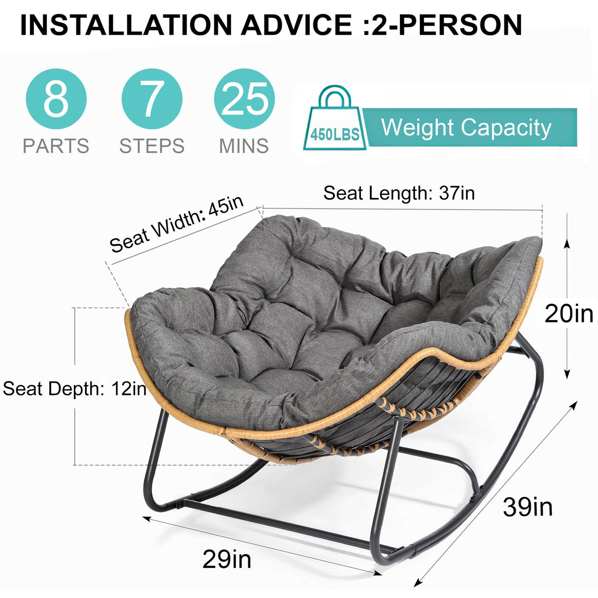 SWITTE Outdoor Rocking Egg Chair, Indoor Papasan, Rattan Wicker Lounge, Modern Royal for Bedroom, Living Room, Porch, Garden, Lawn - Dark Grey SWITTE