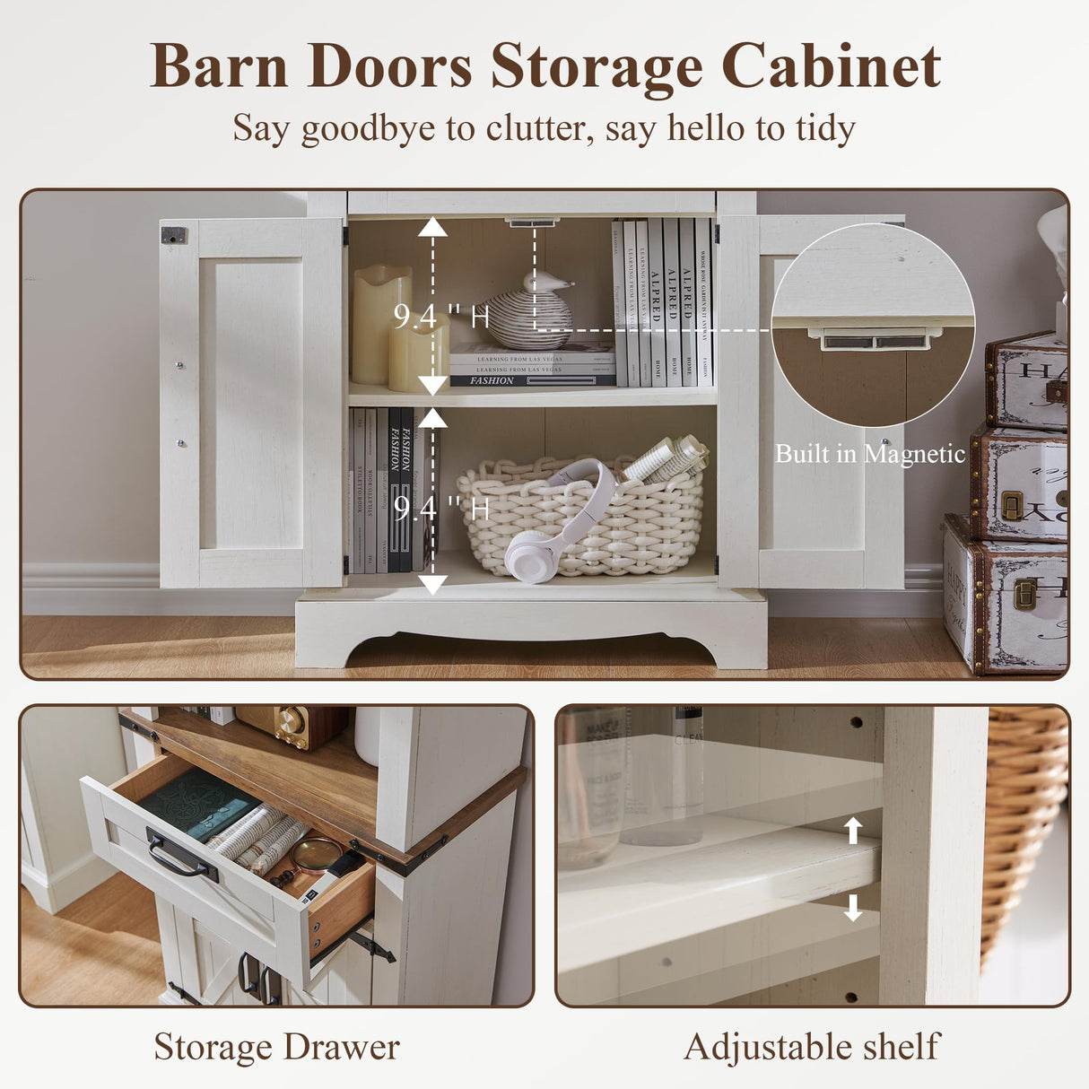 RedLemon Bookshelf with Storage Cabinet, 72" Tall Farmhouse Bookcase with Adjustable Shelves and Barn Door, 4 Tier Office Wood Bookshelf with Drawer for Office Library Living Room (Antuique White) RedLemon