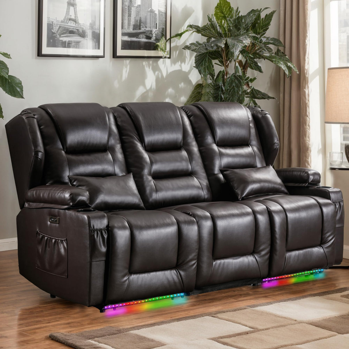 DRMBOOK RV Power Loveseat Recliner Sofa, Faux Leather 3-Seater Wall Hugger Reclining Sofa, Home Theater Seating Chair with Cup Holders, 3 Person Couch RV Furniture for Living Room, Brown DRMBOOK