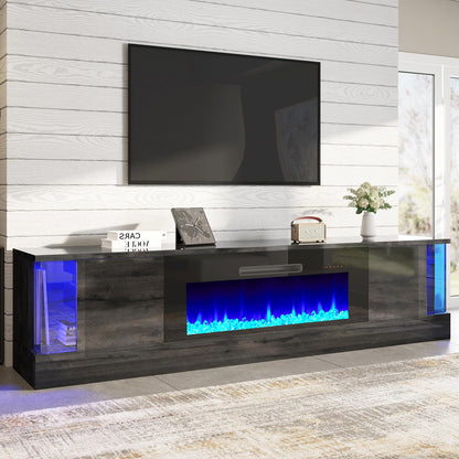 AMERLIFE Glossy Oak Fireplace TV Stand with 40" Fireplace, 80" LED Lights Entertainment Center with Flip Doors & Corner Glass Decor, Modern TV Console Table for TVs up to 90", Living Room, Black