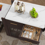 HLR Kitchen Island with Extendable Dining Table, Marble Grain Countertop Island with Power Outlet, Rolling Storage Cart on Wheels with Storage Cabinet and 2 Drawers, Prep Table for Kitchen HLR