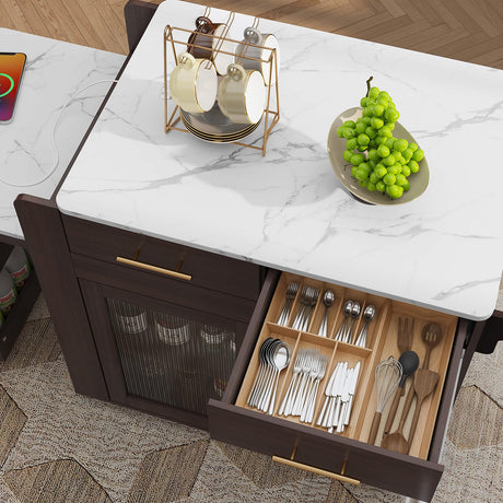 HLR Kitchen Island with Extendable Dining Table, Marble Grain Countertop Island with Power Outlet, Rolling Storage Cart on Wheels with Storage Cabinet and 2 Drawers, Prep Table for Kitchen HLR
