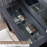 ACCOHOHO Farmhouse Vanity Desk with Mirror and Lights, 43" Wide Makeup Vanity with Glass Tabletop and Charging Station, Modern Vanity Table Set with Storage and Stool for Bedroom, Black ACCOHOHO