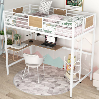 Twin Loft Bed with Desk and Storage Shelf, Metal Loft Bed Twin Size, Kids Loft Bed with Build in Ladder and Guardrails, Twin Loft Bed White