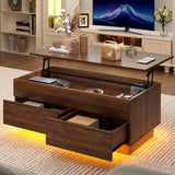HOMMPA Lift Top Coffee Table with LED Light Morden Coffee Table with Storage High Gloss Walnut Coffee Table for Living Room Tea Table with Storage Center Tables Hidden Compartment & 2 Drawers HOMMPA