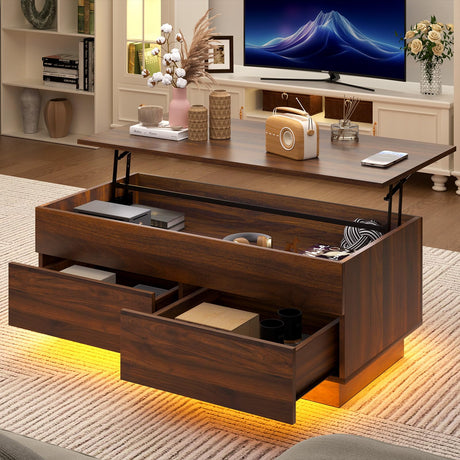 HOMMPA Lift Top Coffee Table with LED Light Morden Coffee Table with Storage High Gloss Walnut Coffee Table for Living Room Tea Table with Storage Center Tables Hidden Compartment & 2 Drawers HOMMPA
