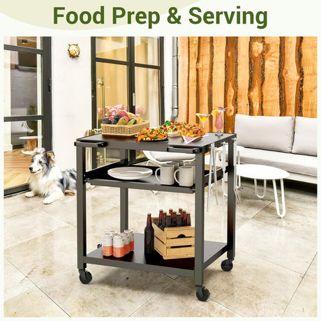 NUUK Outdoor Grill Prep Table 24"x30" Metal Grill Cart Outside 3-Layer Pizza Oven Table Movable with Universal Wheels for BBQ Backyard Patio NUUK