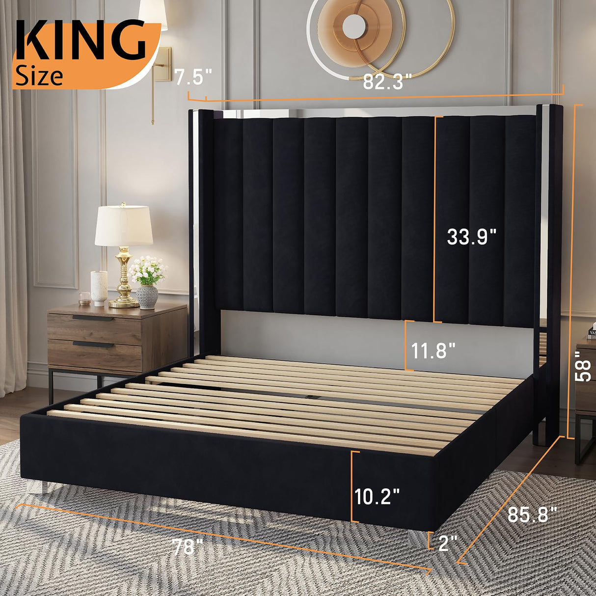 Jocisland King Size Bed Frame with 58" Tall Headboard, Velvet Upholstered Platform Bed with Channel Tufted Wingback Headboard and Plating Trim, No Box Spring Needed, Black Jocisland