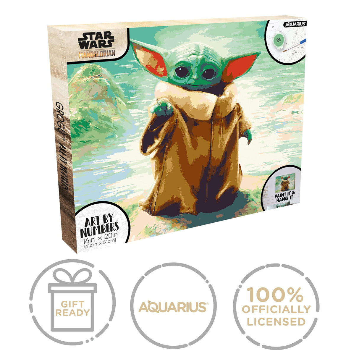 AQUARIUS Star Wars Mandalorian Grogu Art by Numbers Painting Kit (Stretched Canvas) 24 Paints, 3 Paint Brushes, Ready to Hang, Officially Licensed Star Wars Mandaalorian Collectible - 16"x20", Brown AQUARIUS
