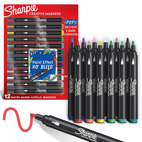 Sharpie Acrylic Creative Markers, Bullet Tip, Vibrant Assorted Colors, Non-Bleeding Water-Based Ink, Pack of 12 SHARPIE