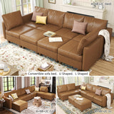 EASE MOOSE Modular Sectional Sofa Sleeper Couch with Storage, 8 Seat Faux Leather Sectional Large Moduar Sleeper Sofa Sectional Sofa Bed Modular Couch for Living Room Brown EASE MOOSE